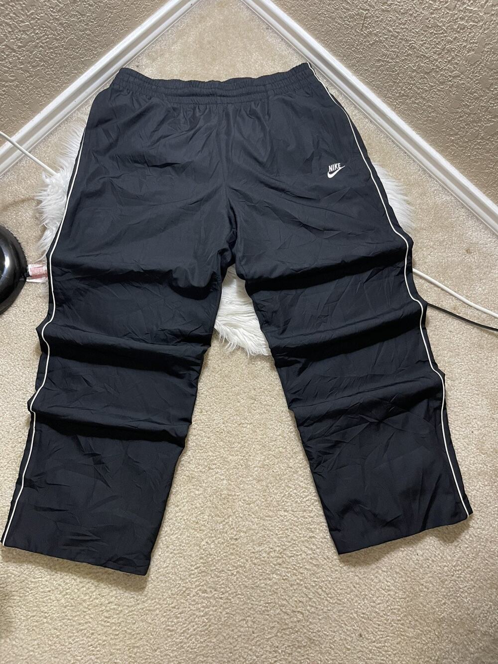 Y2K Vintage Black Nike Baggy Nylon Track Pants With White Stripe XL